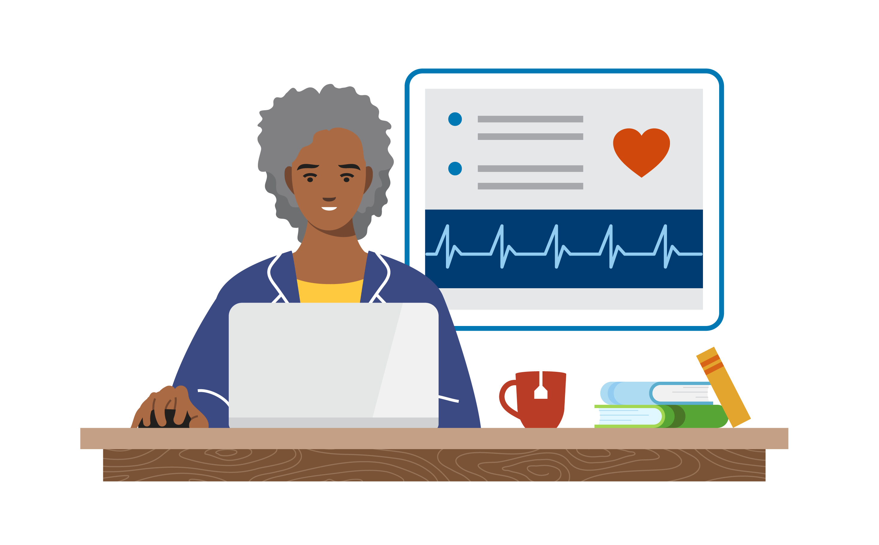 Woman looking at medical history on laptop (PNG)