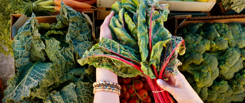 Persona con vegetales en las manos en el mercado agrícola