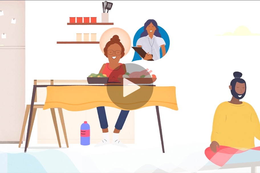 Ilustración de una persona sentada a la mesa con alimentos saludables.