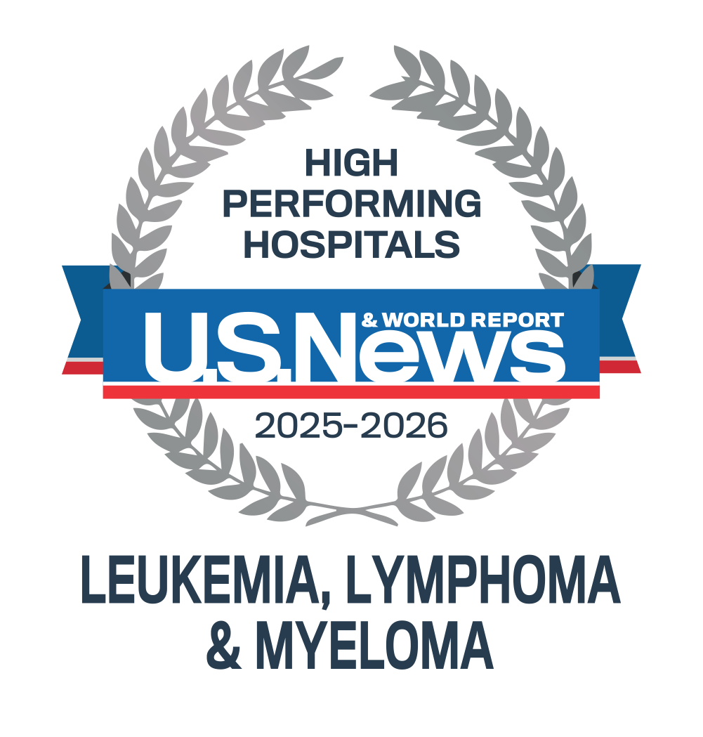 Insignia de hospital de alto desempeño 2025-26 de U.S. News & World Report en el tratamiento de leucemia, linfoma y mieloma