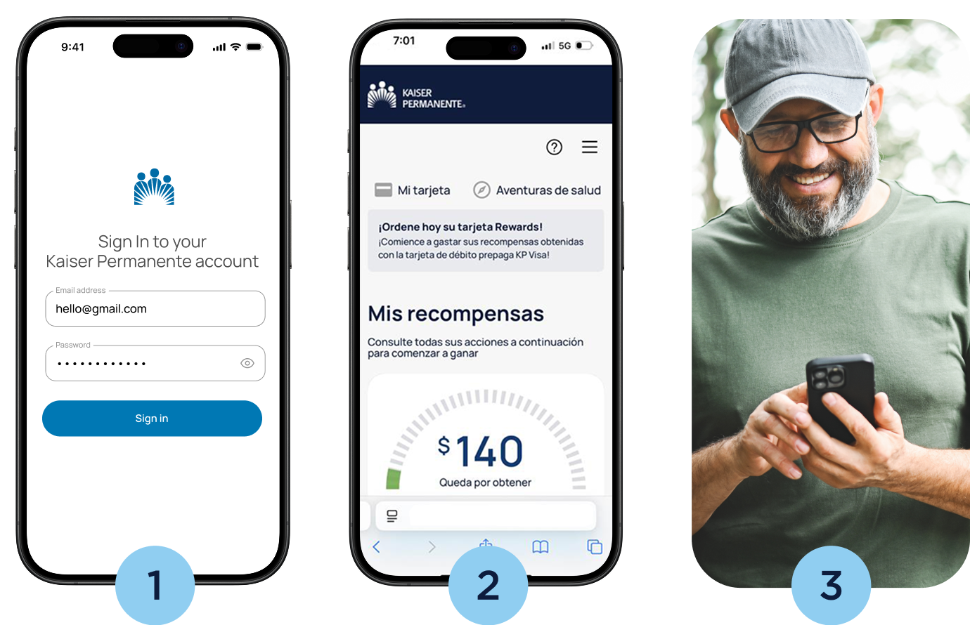 Pasos para iniciar sesión, ver y completar actividades en la aplicación de Kaiser Permanente.