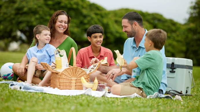Smiling family having a picnic in a park