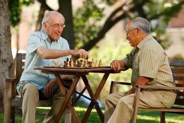 Dos adultos mayores jugando al ajedrez en el parque