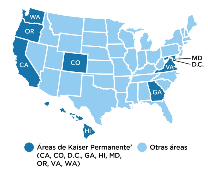 Mapa de EE. UU. con referencias que muestra las áreas de Kaiser Permanente. Consulte la nota al pie 3 (CA, CO, D.C., GA, HI, MD, OR, VA, WA y otras áreas).