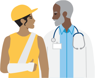 Persona con un yeso en el brazo hablando con el médico.