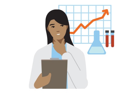 Médica analizando resultados de laboratorio