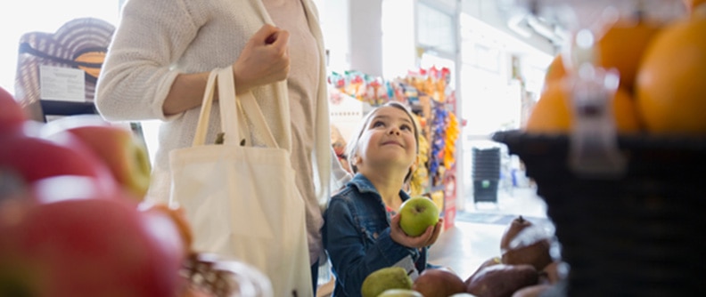 Parent and child grocery shopping