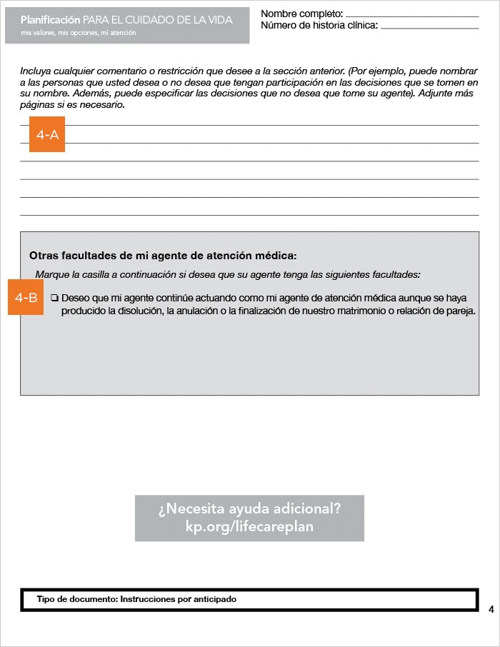 Guía página a página para Instrucciones Médicas por Anticipado para el Cuidado de la Salud – District de Columbia - página 4 