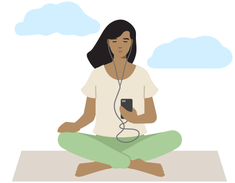 Ilustración de una persona meditando con una aplicación en su teléfono.