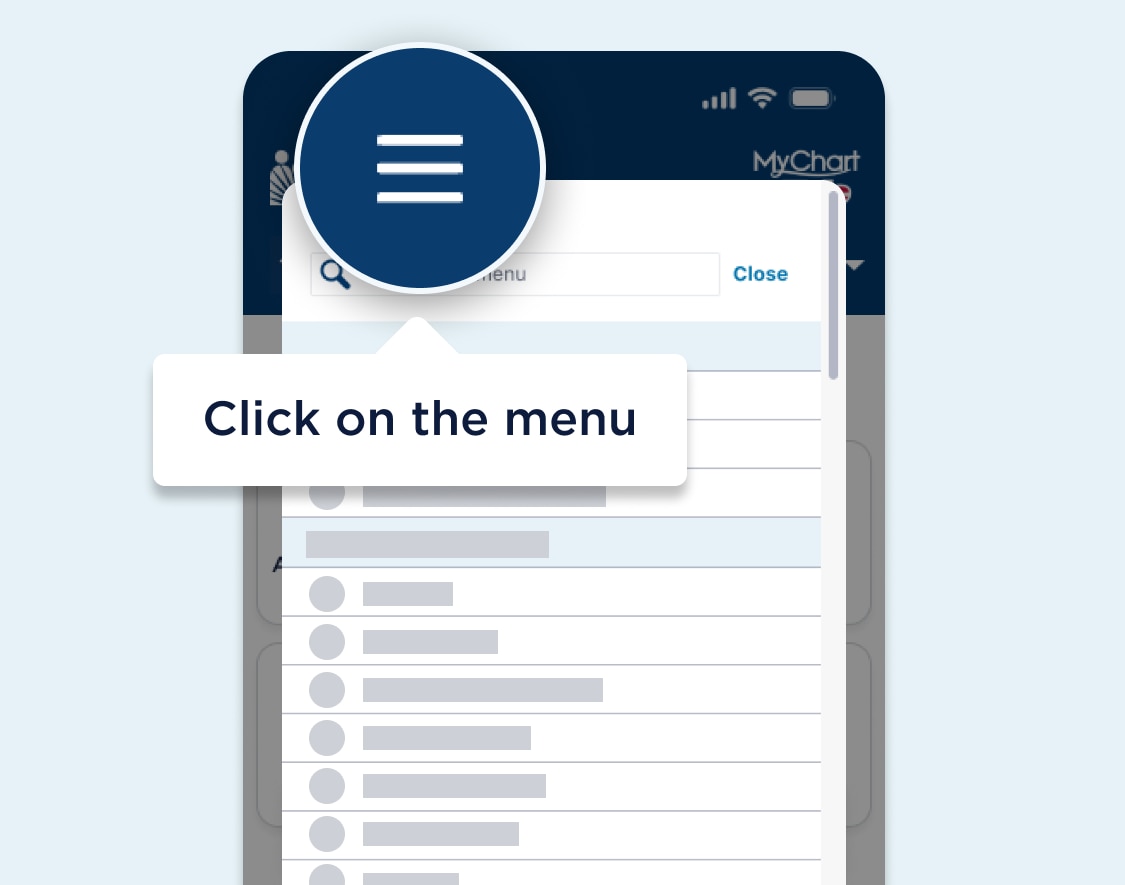 Página web del tablero de MyChart con un área destacada después del logotipo de Kaiser Permanente en el encabezado de navegación en la que se muestra el menú principal de navegación, el cual está representado de manera visual por un ícono de menú. Una burbuja de texto que apunta al área destacada y que dice Haga clic en el menú.  