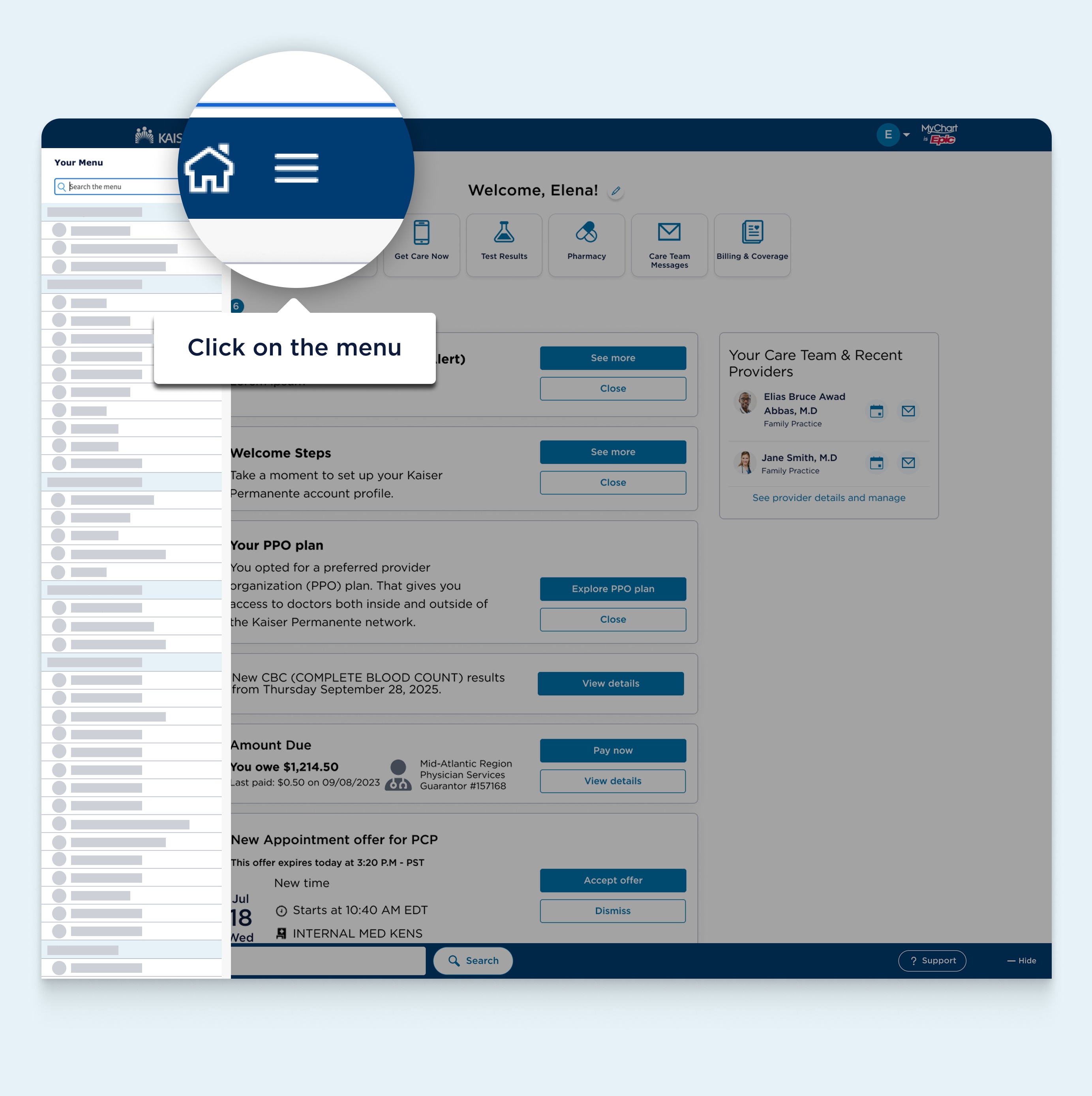 Página web del tablero de MyChart con un área destacada después del logotipo de Kaiser Permanente en el encabezado de navegación en la que se muestra el menú principal de navegación, el cual está representado de manera visual por un ícono de menú. Una burbuja de texto que apunta al área destacada y que dice Haga clic en el menú.  