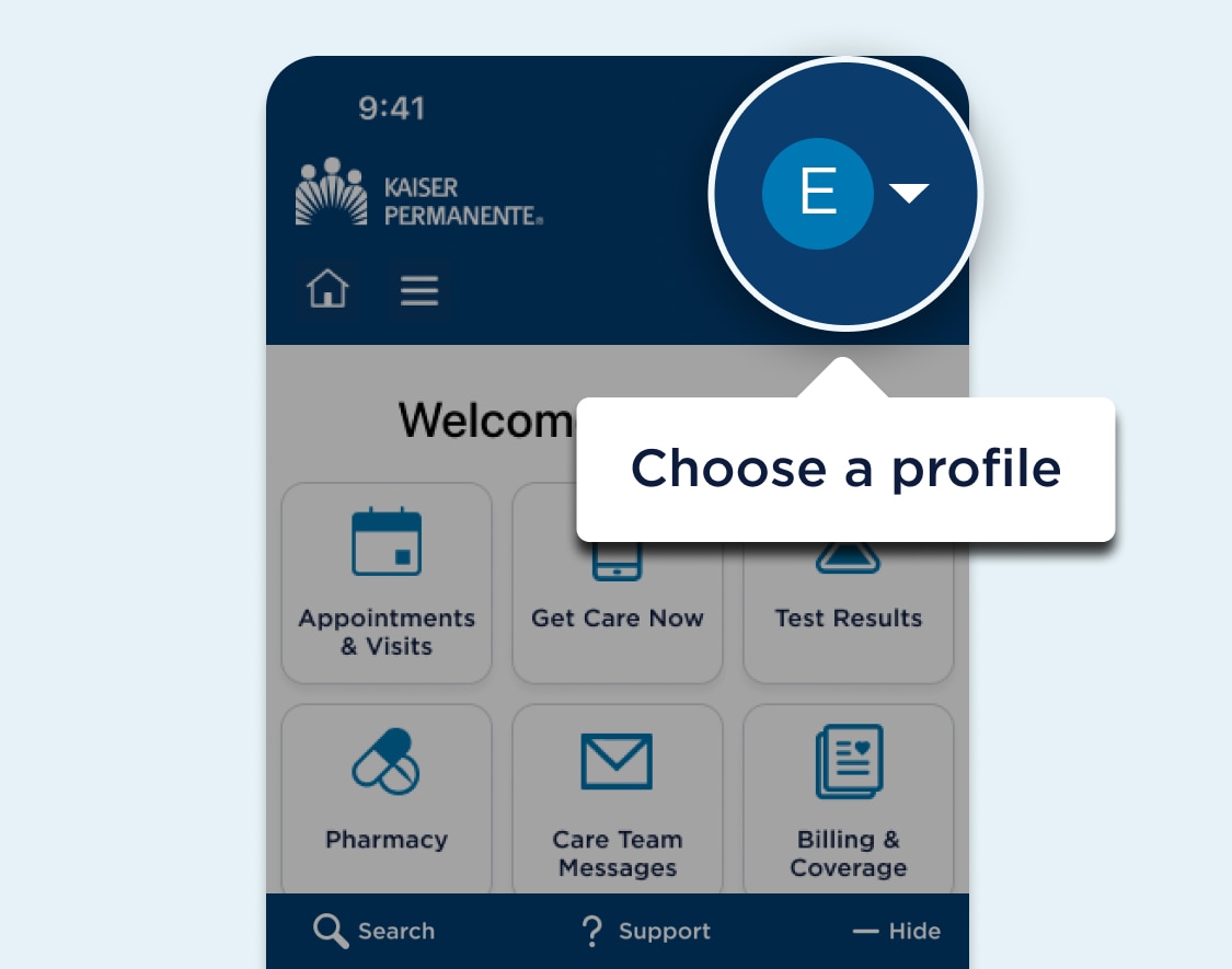 Página web del tablero de MyChart con un área destacada cerca del final del encabezado de navegación en la que se muestra el botón del menú de opciones de la cuenta. Una burbuja de texto que apunta al área destacada y que dice Elija un perfil.