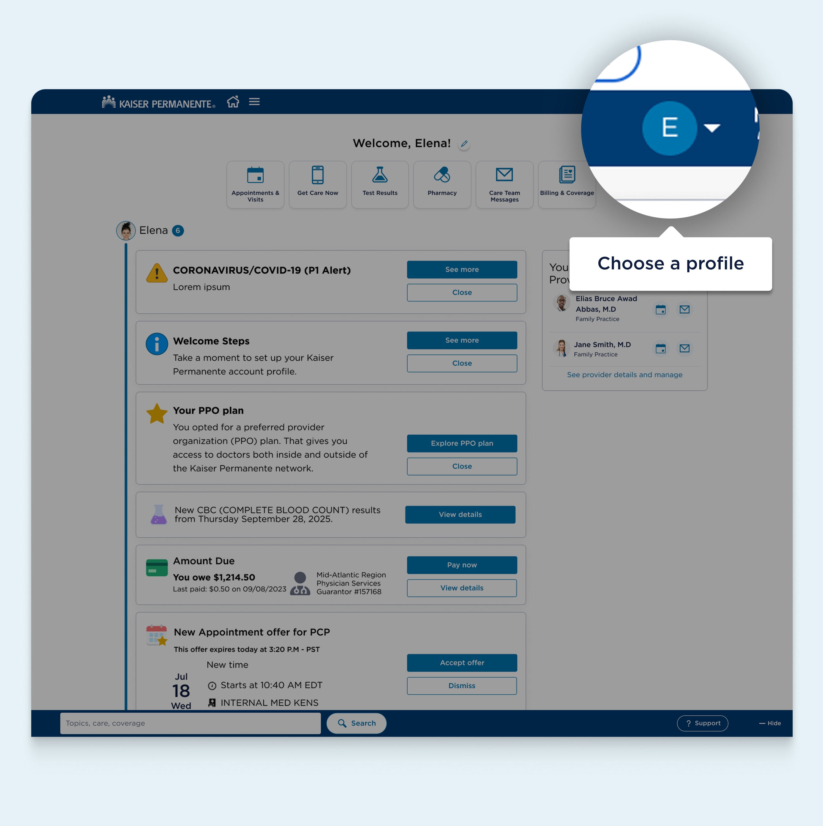 Página web del tablero de MyChart con un área destacada cerca del final del encabezado de navegación en la que se muestra el botón del menú de opciones de la cuenta. Una burbuja de texto que apunta al área destacada y que dice Elija un perfil.