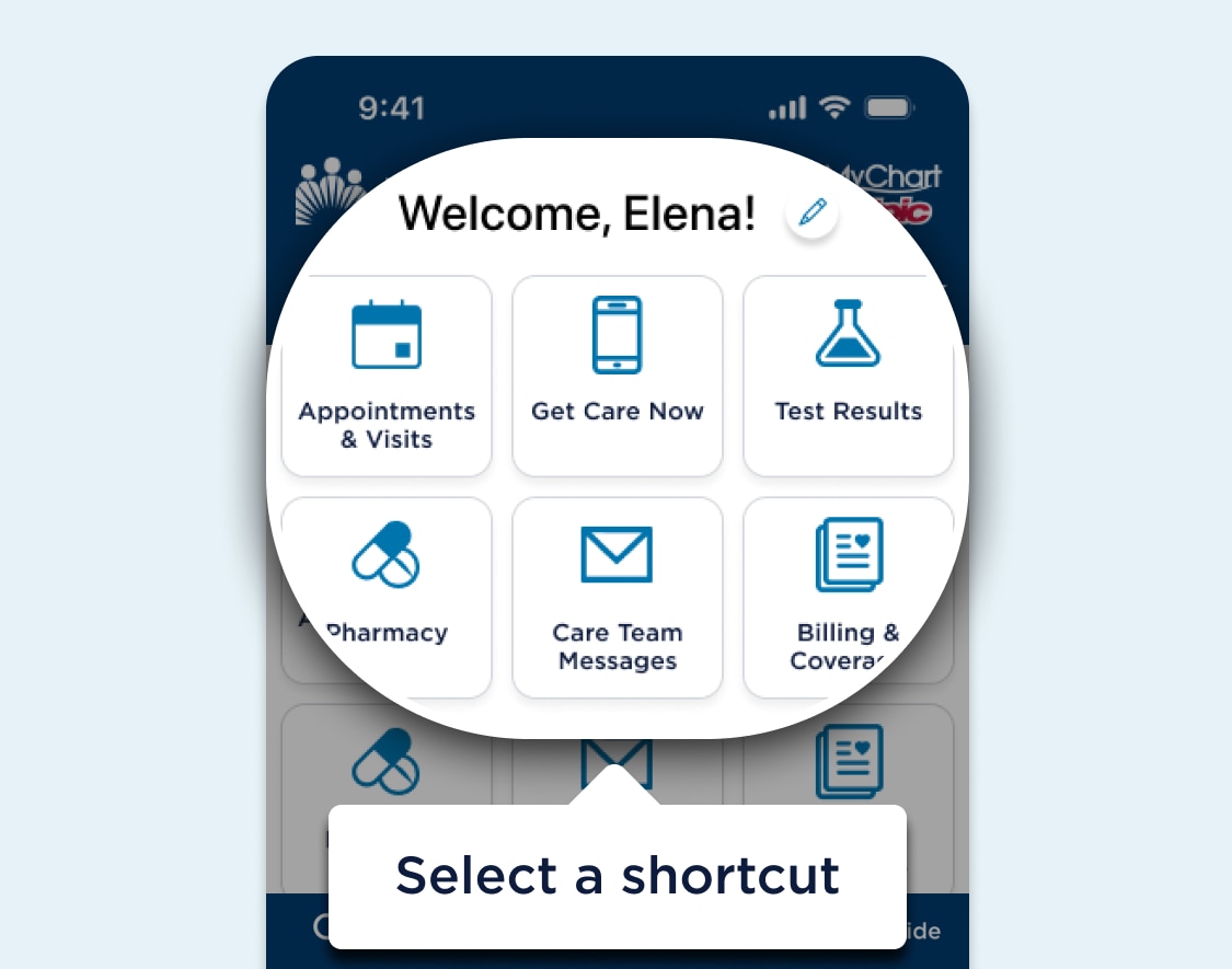 Página web de MyChart con un área destacada con atajos personalizables debajo del encabezado de nivel uno. Hay un ícono de lápiz después del encabezado y una burbuja de texto que apunta a toda el área destacada y que dice Seleccione un atajo.