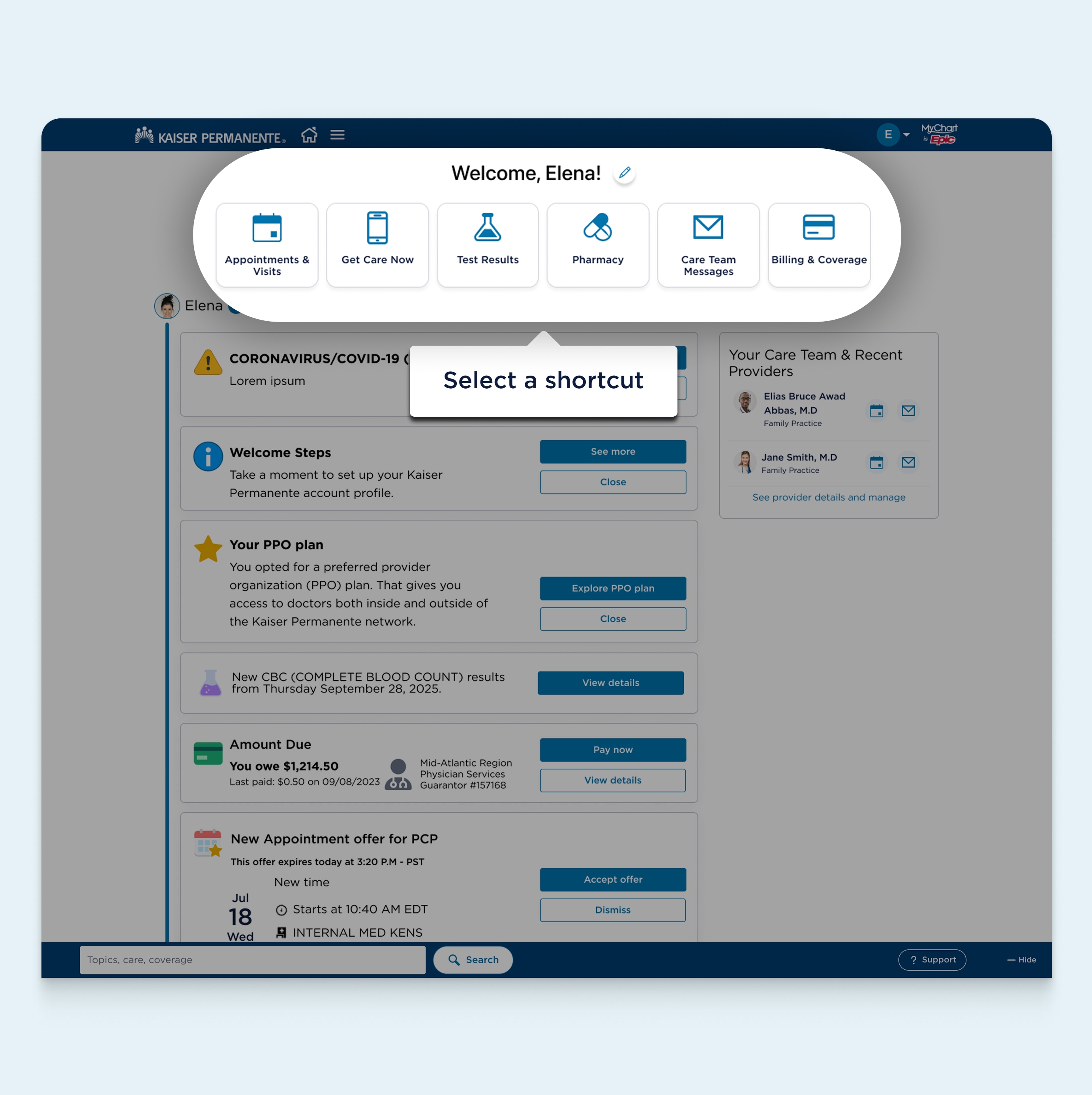 Página web de MyChart con un área destacada con atajos personalizables debajo del encabezado de nivel uno. Hay un ícono de lápiz después del encabezado y una burbuja de texto que apunta a toda el área destacada y que dice Seleccione un atajo.