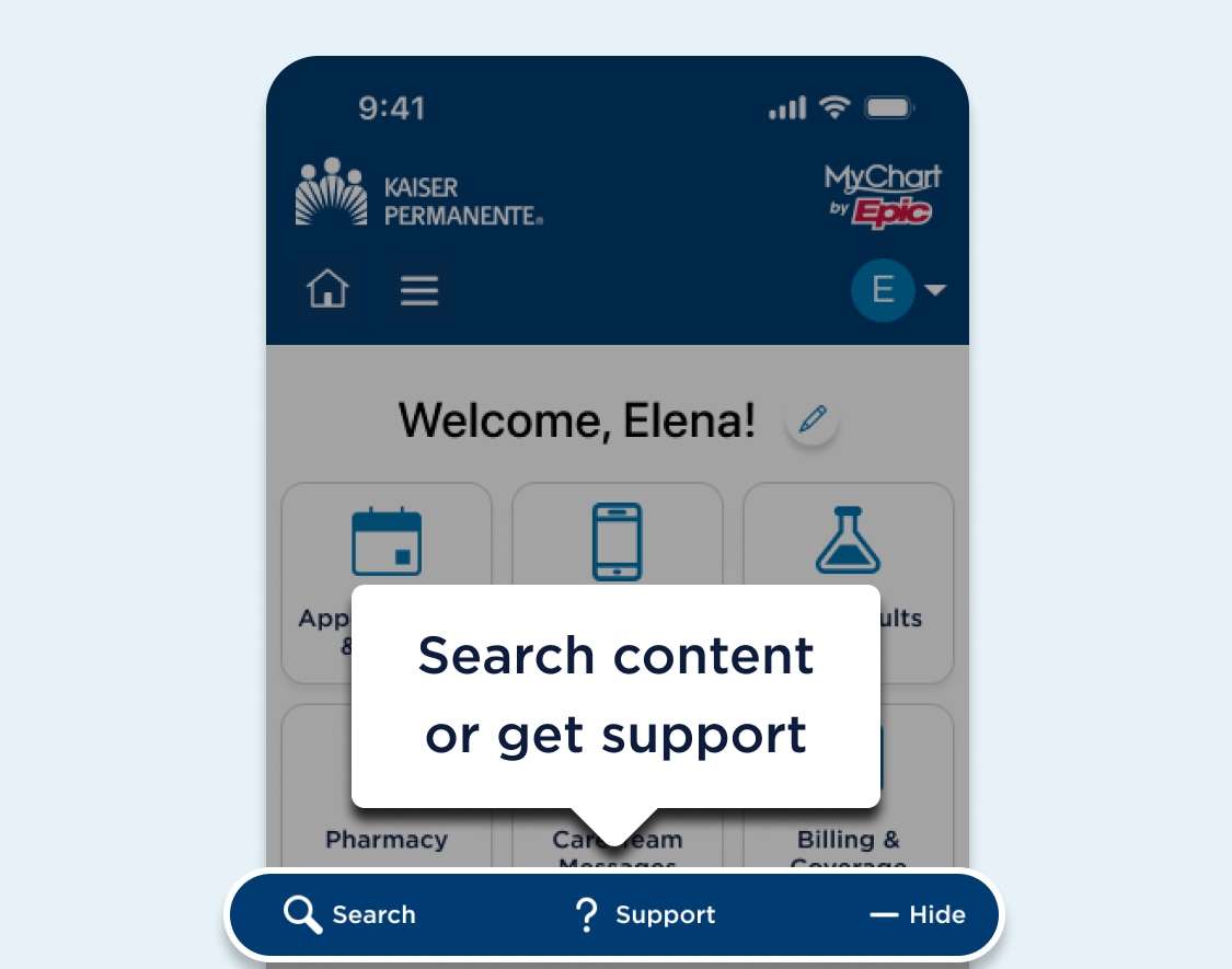 Página web del tablero de MyChart con un área destacada en la barra cerca del final del contenido de la página en la que se muestran los botones de acción Search (Búsqueda) y Help (Ayuda). Una burbuja de texto que apunta al área destacada y que dice Busque contenido u obtenga ayuda.