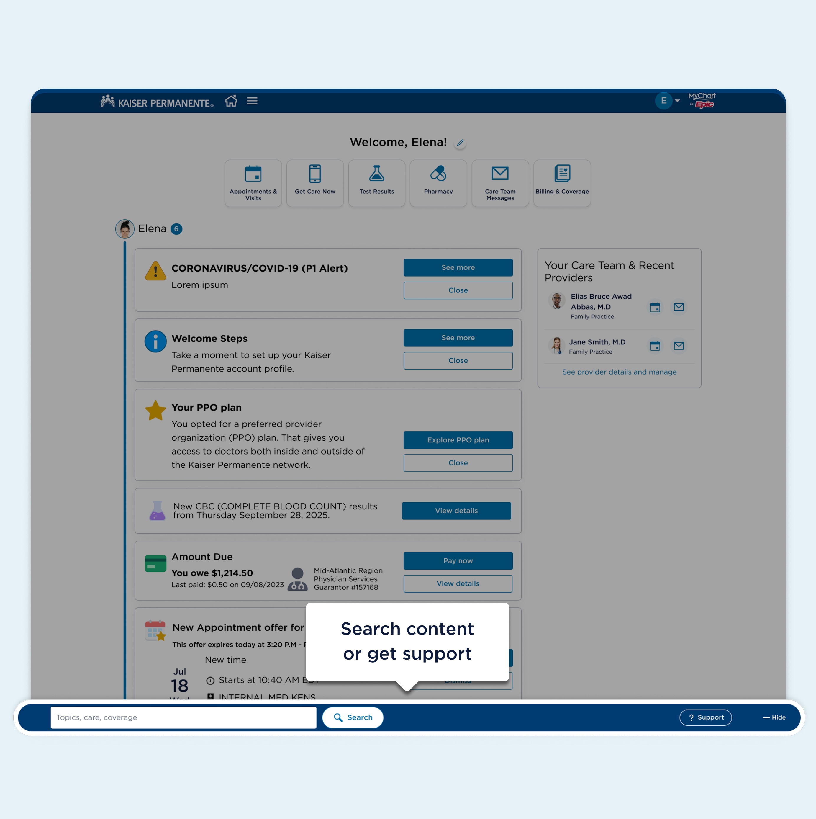 Página web del tablero de MyChart con un área destacada en la barra cerca del final del contenido de la página en la que se muestran los botones de acción Search (Búsqueda) y Help (Ayuda). Una burbuja de texto que apunta al área destacada y que dice Busque contenido u obtenga ayuda.