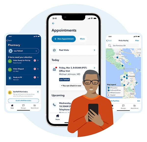 Illustration of person looking at phone and three mobile app screens 