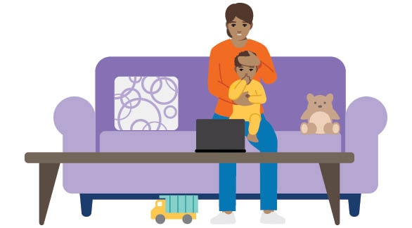 illustration of a mom and child sitting on a sofa 