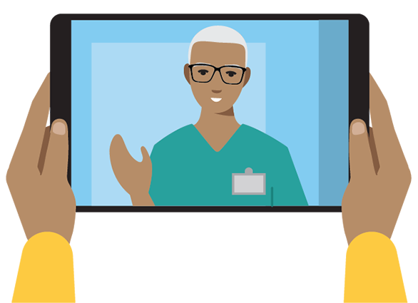Persona con una tableta de vídeo chateando con un enfermero.