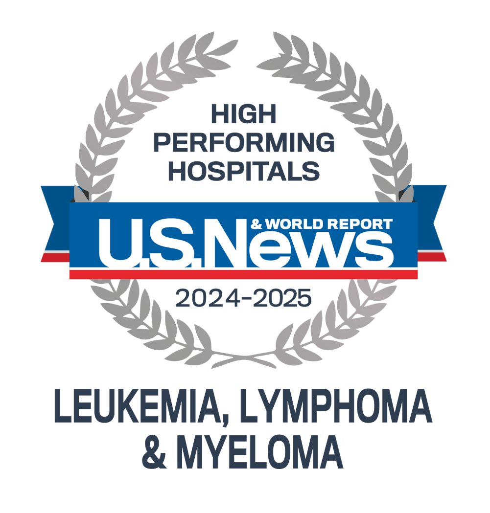Insignia de hospital de alto desempeño 2024-25 de U.S. News & World Report en el tratamiento de leucemia, linfoma y mieloma