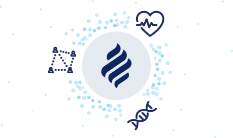 Logotipo de los equipos de atención conectados, corazón con líneas de un monitor cardiaco, doble hélice del ADN y la facultad de medicina Bernard J. Tyson.
