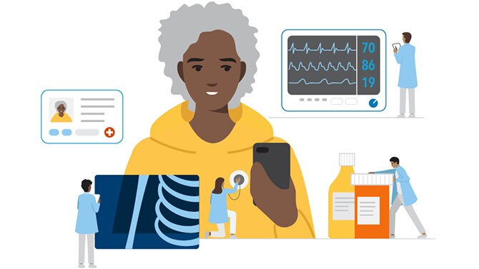 Ilustración: Persona adulta que sostiene un teléfono mientras le revisan el ritmo cardiaco