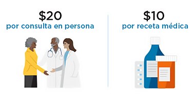 Un ejemplo de copago donde usted paga $20 por una consulta médica y $10 por medicamentos recetados.