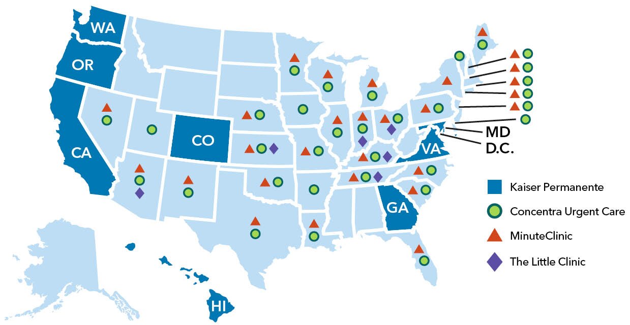Mapa de Estados Unidos donde se muestra la cobertura de atención de urgencia de Kaiser Permanente en los 50 estados