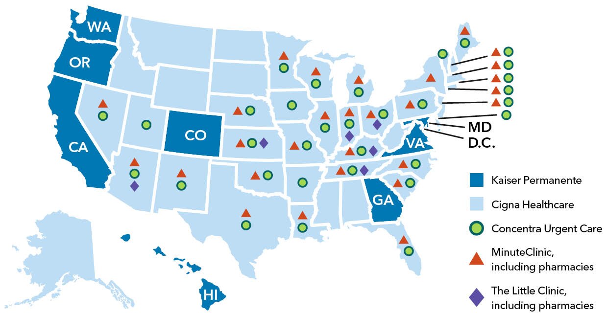 Mapa de Estados Unidos donde se muestra la cobertura de atención de urgencia de Kaiser Permanente en los 50 estados