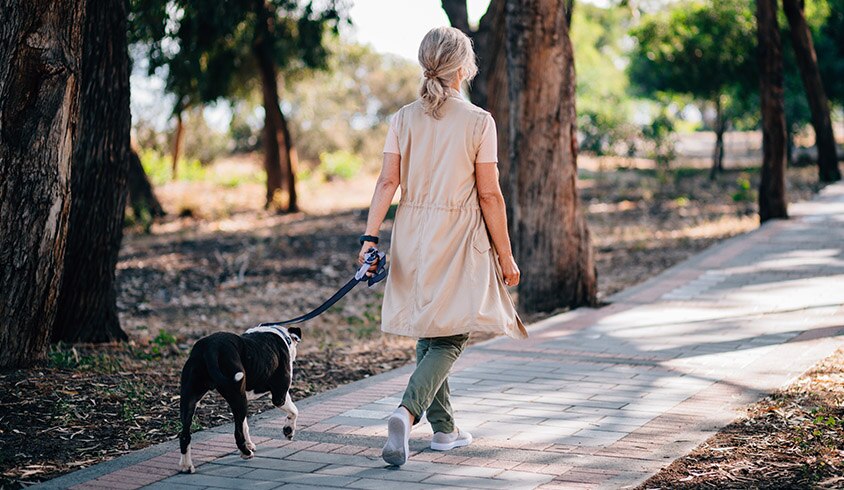 Persona paseando el perro por el parque