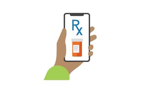 Mano sosteniendo un teléfono móvil que muestra un frasco de medicamento
