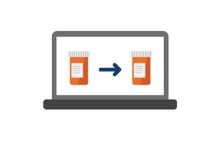 Computadora portátil que muestra la transición del frasco de medicamento