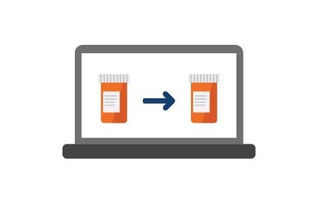 Computadora portátil que muestra la transición del frasco de medicamento