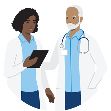 Graphic of person holding a magnifying glass looking at cancer cells in a lung
