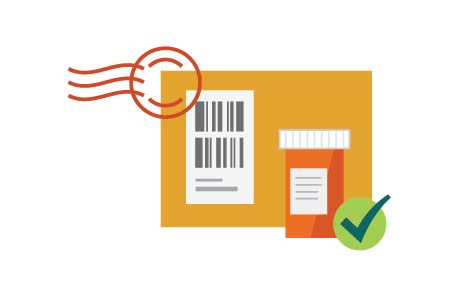 Sobre postal con un frasco de medicamento