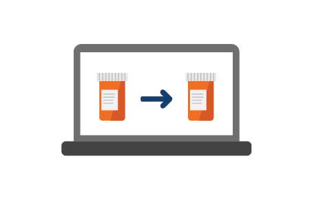 Computadora portátil que muestra la transición del frasco de medicamento