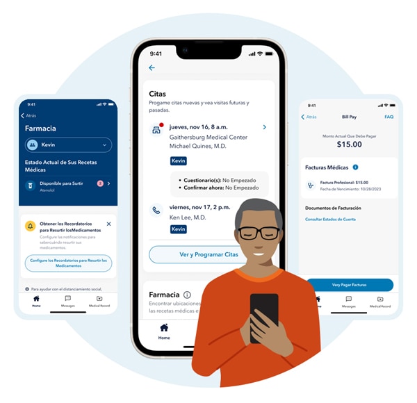 Ilustración de una persona mirando el teléfono y tres pantallas de aplicaciones móviles