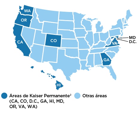 Mapa de EE. UU. con referencias que muestra las áreas de Kaiser Permanente. Consulte la nota al pie 2 (CA, CO, D.C., GA, HI, MD, OR, VA, WA y otras áreas). 