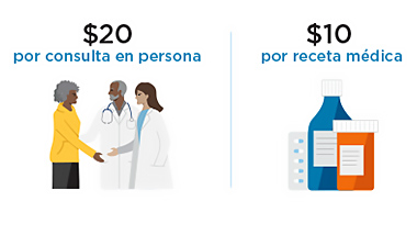 Un ejemplo de copago donde usted paga $20 por una consulta médica y $10 por medicamentos recetados.